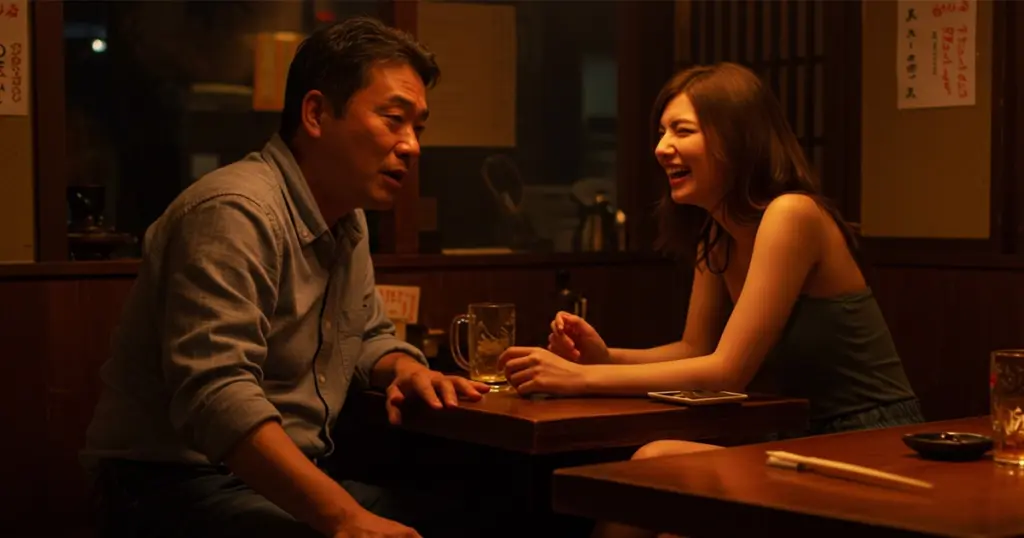 40代男性が20代のセフレと居酒屋で飲んでいる画像